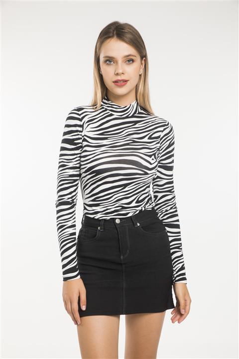 ladyzey Kadın Yarım Balıkçı Siyah Zebra Desenli Body