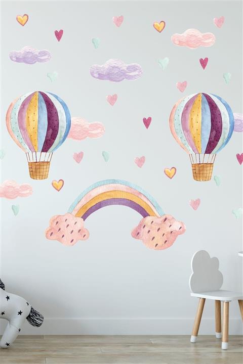 Sticker Ekspres Renkli Gökyüzü Gökkuşağı Uçan Balon Çocuk Odası Duvar Sticker Seti