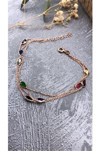Joel Jewelry Damla Kesim Mix Taşlı Pembe Altın Kaplamalı Gümüş Bileklik