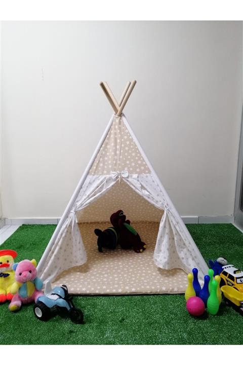 Rosemilla %100 Organik Pamuk Kahverengi/beyaz Yıldız Desenli Kızılderili Çocuk Oyun Çadırı