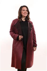 ışıltı fashion Bordo Renkli Beli Kuşaklı Süet Büyük Beden Kadın Trenckot