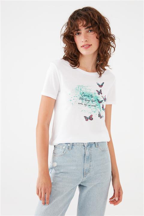 Mavi Kadın Kelebek Baskılı Beyaz Tişört 1601006-620