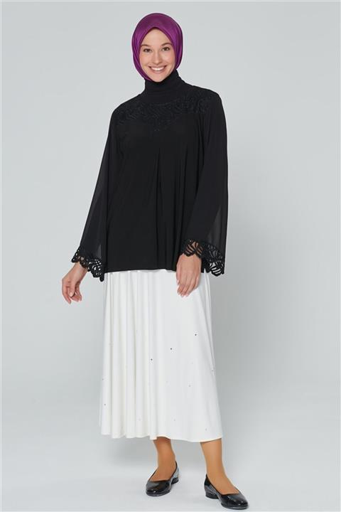 Armine Yakası Ve Kolları Dantelli Bluz 19ka4312 Siyah