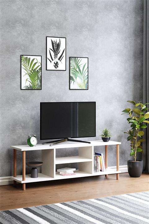interGO Tv Sehpası Raflı Tv Ünitesi Televizyon Sehpası Ahşap Ayaklı Beyaz