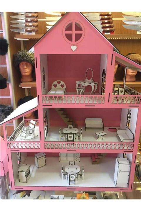 alphobitasarım Ahşap Çocuk Oyun Evi 60cm Ve 18 Mobilyalı