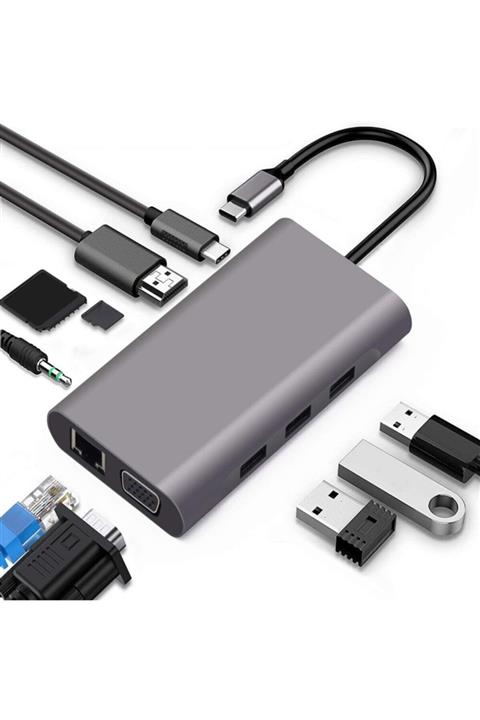 Orite Fc32 Type-c™ Usb-c To 3*usb 3.0 4k Hdmı Vga 1000 Mbps Rj45 Pd Aux Sd Tf Çevirici 10ın1 Adaptör