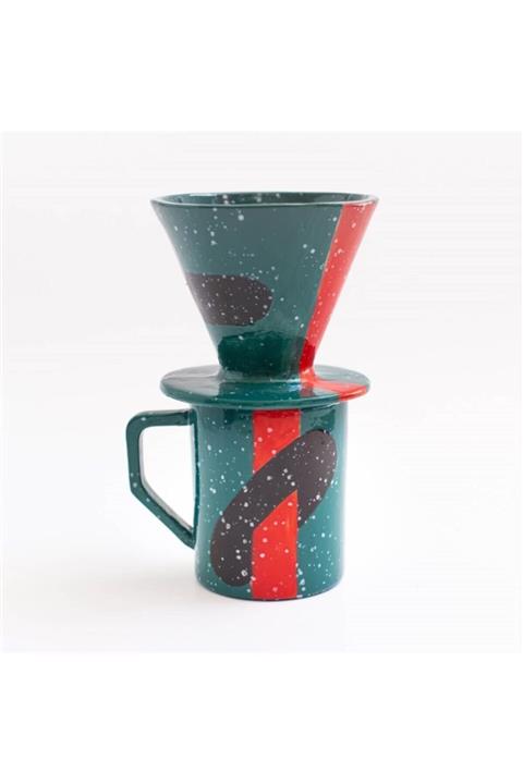 WUGU DESIGN & STUDIO Wugu Seramik V60 Dripper Seti - Kırmızı Şerit Yeşil