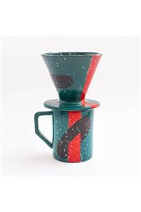 WUGU DESIGN & STUDIO Wugu Seramik V60 Dripper Seti - Kırmızı Şerit Yeşil