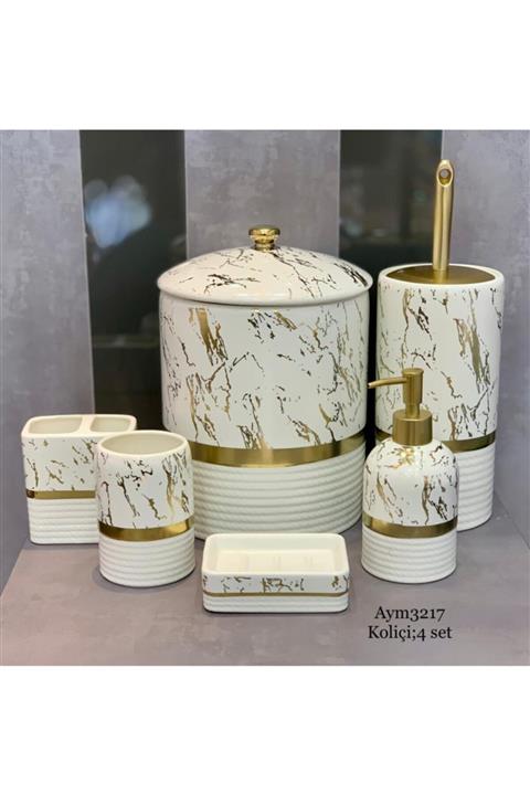 Onedekor 6'lı Porselen Banyo Seti Bergama Mermer Desen Beyaz