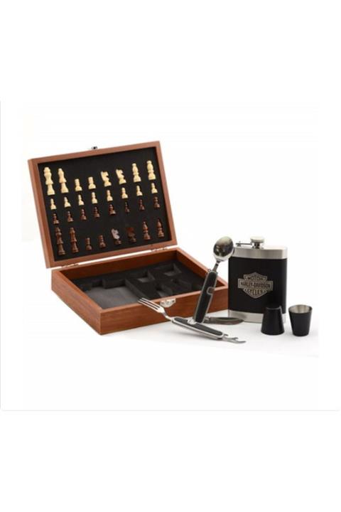 Tina Matara Paslanmaz Çelik Ahşap Kutulu Satrançlı Matara Seti