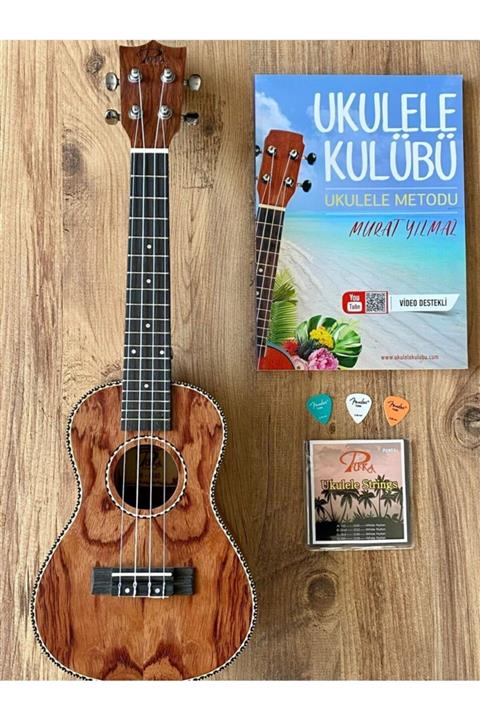 PUKA Bubinga Ağacı Sedefli Concert Ukulele Çanta-kitap-tel-pena