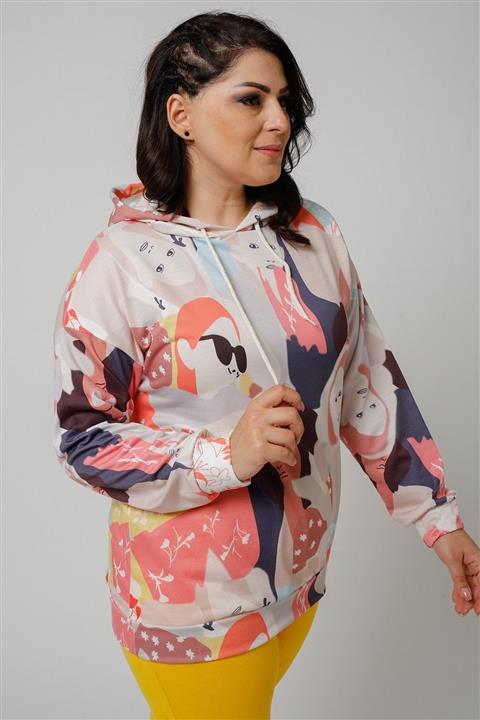 Ebsumu Kadın Büyük Beden Baskı Desenli Kapüşonlu Bej Sweatshirt