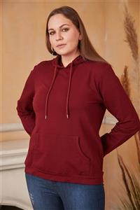 RMG Kapşonlu Büyük Beden Bordo Sweatshirt