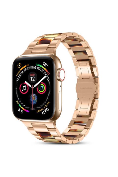 Apple Watch 40 Mm Reçine Taşı Görünüm Metal Kordon Kayış Gold + Popsocket