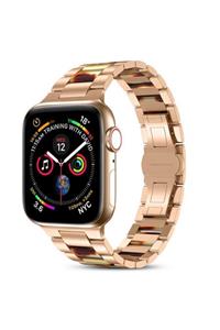 Apple Watch 40 Mm Reçine Taşı Görünüm Metal Kordon Kayış Gold + Popsocket