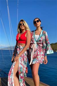 Sista Atelier Sista Beachwear - Çok Renkli Çiçek Desenli Şifon Saten Luce Kimono