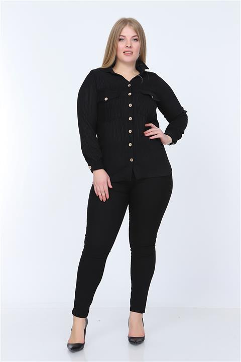 RMG Kadın Siyah Cep Detaylı Kadife Gömlek 6771