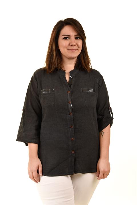 ışıltı fashion Siyah Renkli Hakim Yaka Pul Detaylı Büyük Beden Gömlek