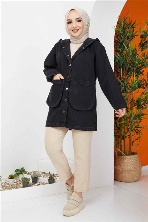 İmajButik Kapşon Detaylı Salaş Kot Ceket/siyah