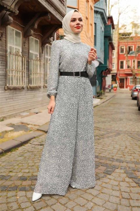 Neva Style - Puantiyeli Ekru Tesettür Tulum 2896e