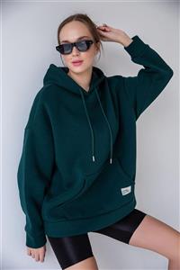 Bases Yeşil Oversize Içi Polarli Kapüşonlu Sweatshirt