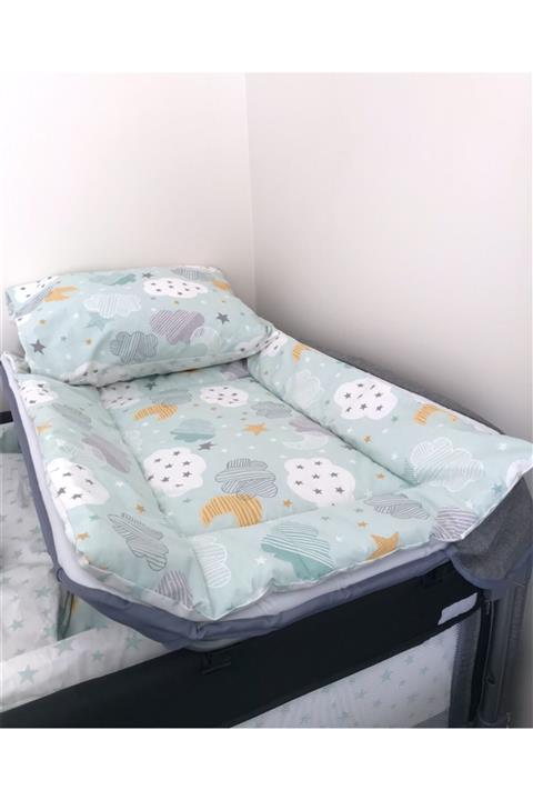 Bebek Özel %100 Pamuk Park Beşik Alt Açma Minderi Ve Bebek / Çocuk Yastığı Yeşil Ay Yıldızlı