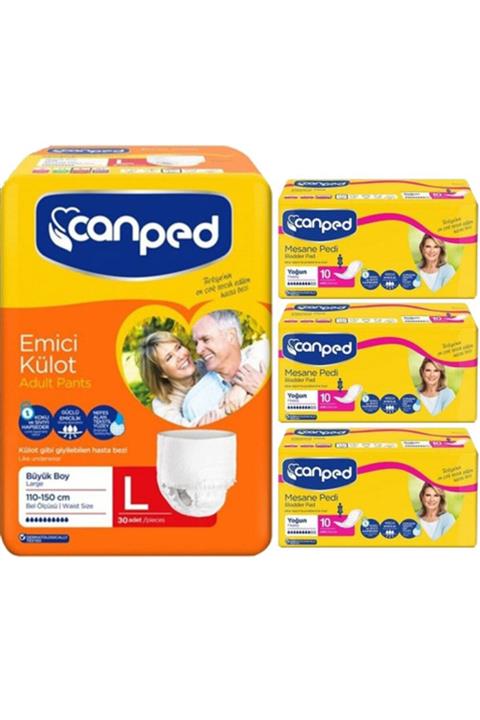 Canped Emici Külot Hasta Bezi 30'lu Large + Mesane Pedi 10'lu Large X 3 Paket