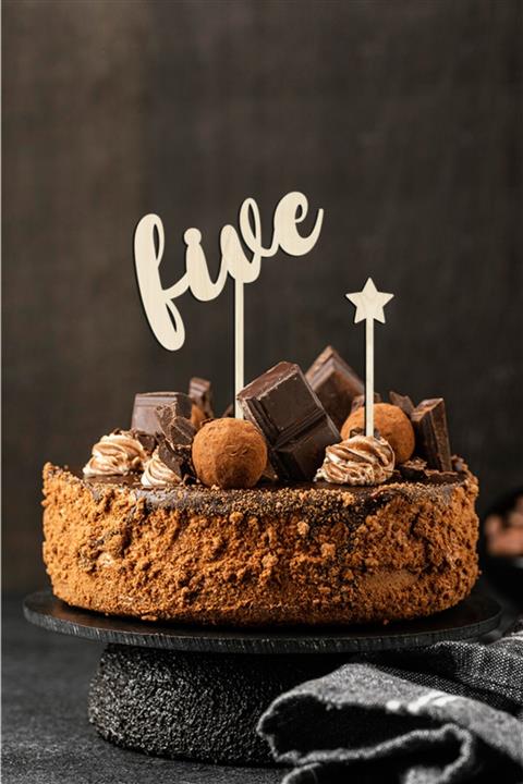 AHWALL WOODWORKING Five Yazılı Ahşap Pasta Süsü, Yıldız Süs Hediyeli Topper