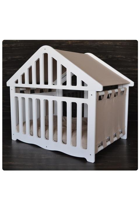 artofera Ahşap Bej Kumaş Kaplama İç Mekan Köpek Evi