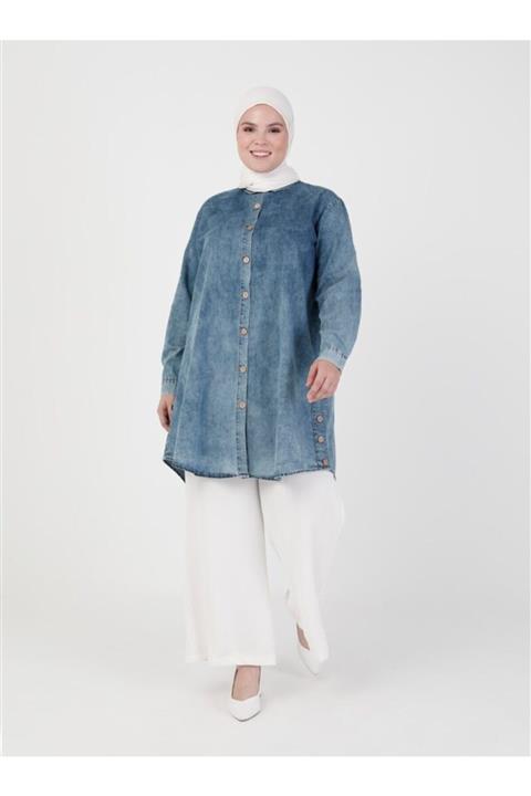 ZENANE Düğme Detaylı Kot Tunik - Mavi -