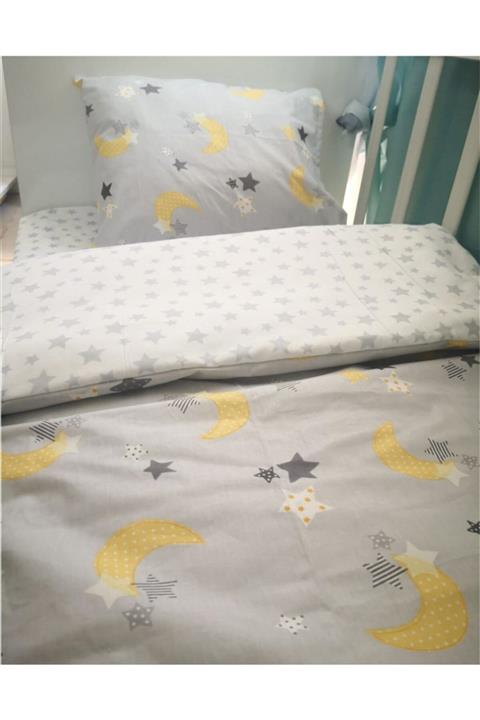 Bebek Özel %100 Pamuk Bebek/çocuk Yastık Çarşaf Yorgan Seti Gri Ay Yıldızlı 60x120