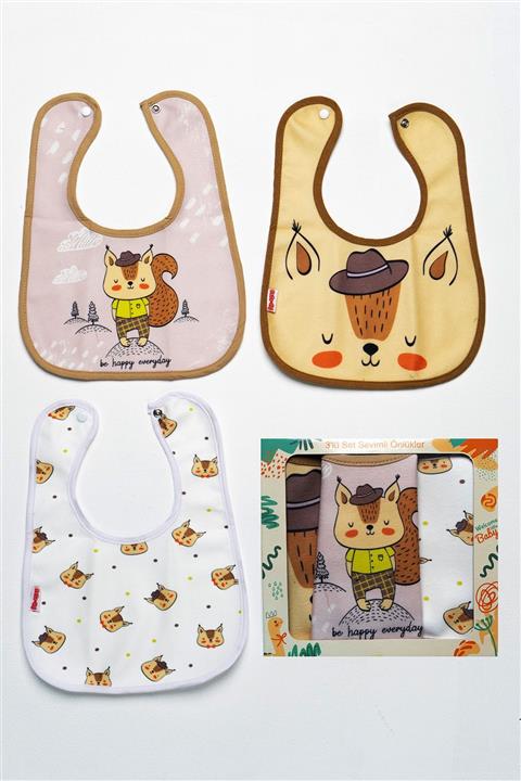 Mai Perla Bay Sincap Temalı Kare 3 Parça Microfiber Mama Önlüğü Kendi Kutusunda (su Geçirmez) Çıtçıtlı