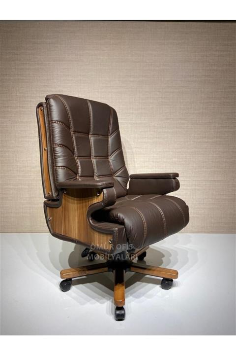 Ömür Ofis Asmin Ahşap Yönetici / Makam / Müdür Koltuğu Deri Kahve