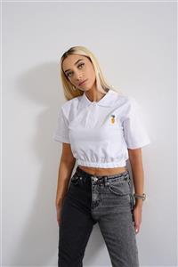 PushOver Polo Yaka Nakış Detaylı Crop T-shirt 4012