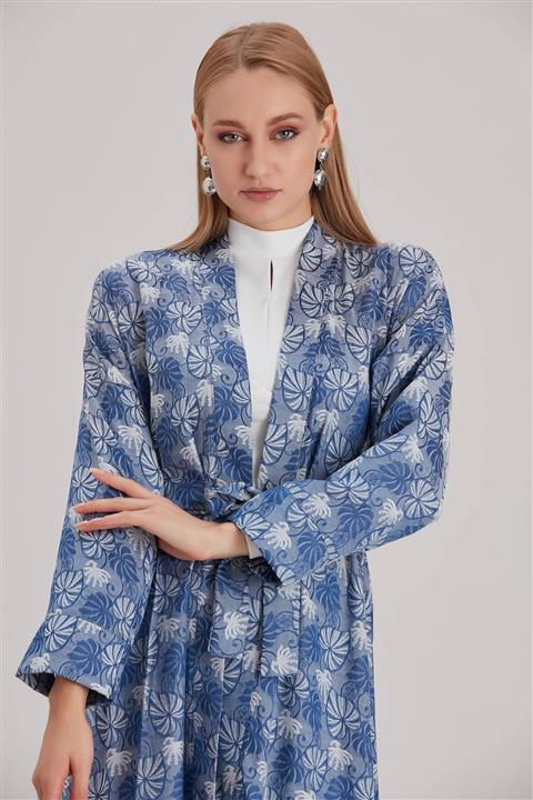 MISS RONN Desenli Pamuklu Kimono - Indigo