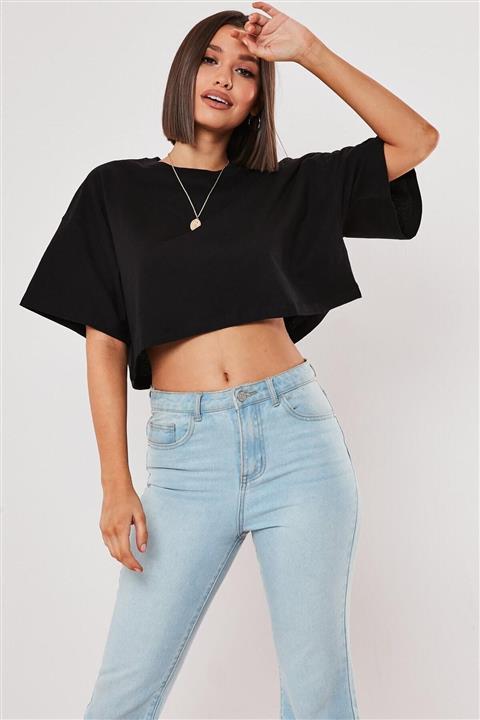 BESTTRENDY Kadın Siyah Oversize Crop T-shirt
