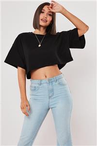 BESTTRENDY Kadın Siyah Oversize Crop T-shirt