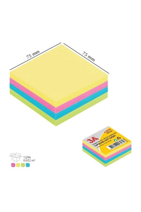 3A Yapışkanlı Küp Not Kağıdı, Pastel Renk Post-it 4 Renk 300 Pcs