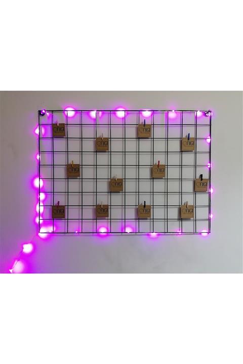 Onigi Tasarım Pembe Işıklı Tel Pano - Metal Duvar Panosu - Fotoğraflık - Mandallı