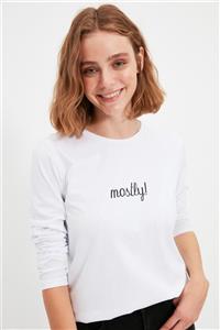 TRENDYOLMİLLA Beyaz %100 Organik Pamuk Baskılı Basic Örme T-Shirt TWOAW22TS0081