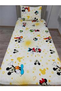 Mert Tek Kişilik Ranforce (kumaş) Lastikli Çarşaf Takımı Sarı Mickey Mouse