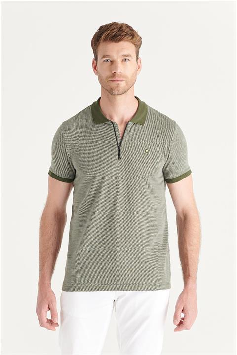 Avva Erkek Haki Polo Yaka Yarım Fermuarlı Jakarlı T-shirt A11y1139