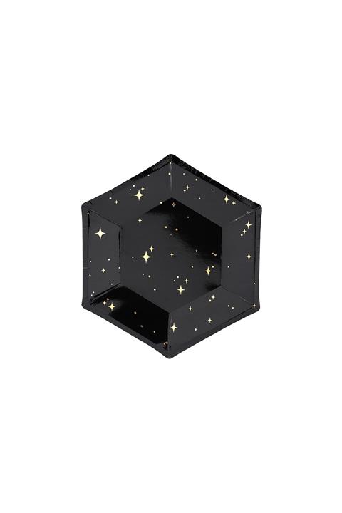 Kullan At Market Metalize Altın Yaldız Desenli Altıgen Siyah Kağıt Tabak 20cm 6lı
