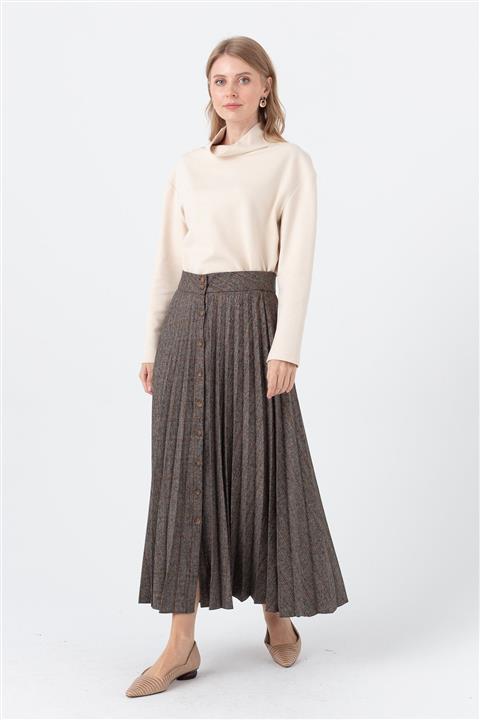 Nihan Önden Düğmeli Ekose Etek Kahve