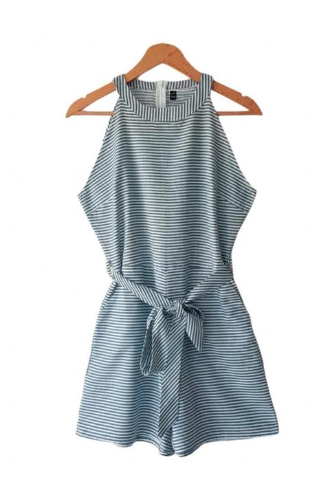 ELBİSENN Yeni Model Kadın Çizgili Keten Kuşaklı Tulum