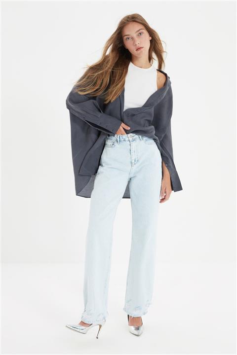 TRENDYOLMİLLA Açık Mavi Paçası Yırtıklı Yüksek Bel 90's Wide Leg Jeans TWOAW22JE0457