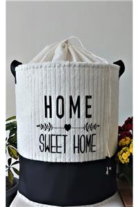 Rope Home %100 Pamuk Kadife Home Sweet Home Baskılı Altı Derili Dikdörtgen Sepet 37x42