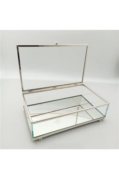 RetroLazer Metal Cam Kutu Gümüş Çikolata Kutusu Çok Amaçlı Takı Kutusu 30x20x7 Cm