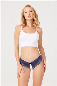 Cottonhill Koyu Kobalt Saten Özel Bölgesi Açık Dantelli Kadın String Külot
