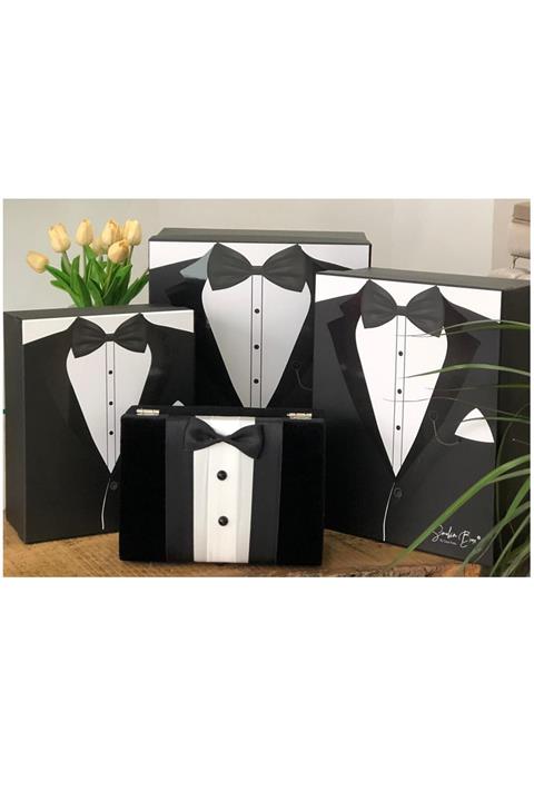 Yazpera 4'lü Damat Çeyiz Bohça Kutu Seti - 3lü Karton Kutu Ve Kadife Çeyiz Sandığı